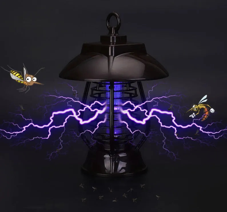 Black solar mosquito lamp with solar panel and LED lights for garden outdoor insect control