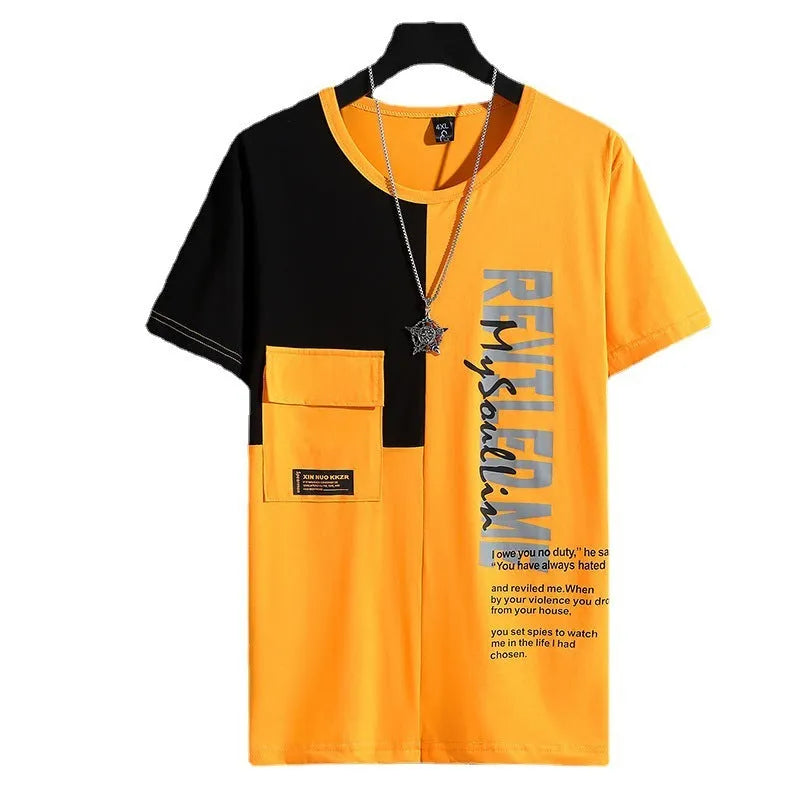 Plus size yellow Lycra cotton short sleeve t-shirt with pocket and printed design, size 4XL to 10XL