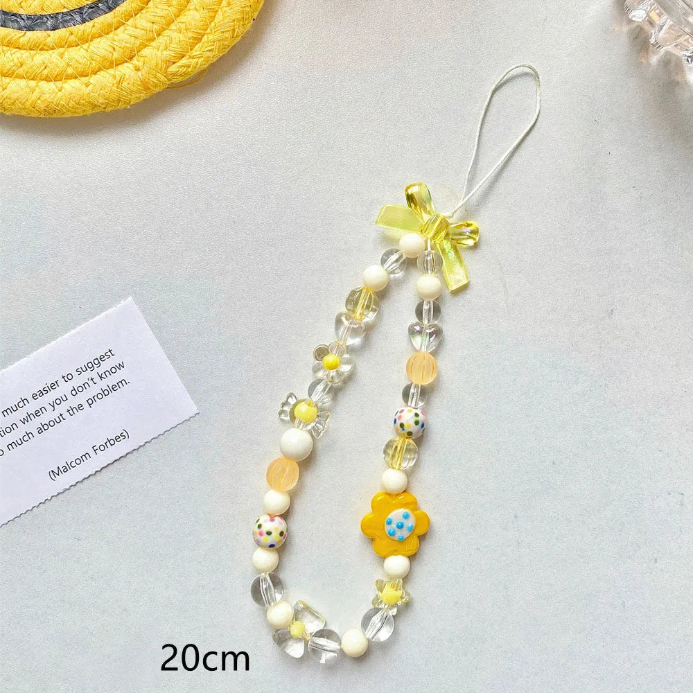 Colourful beaded flower phone lanyard with adjustable rope cord in blue, pink or yellow option