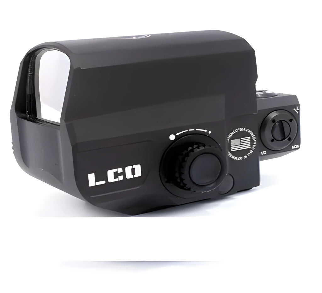 Tactical red dot sight with holographic reflex display mounted on a 20mm firearm rail
