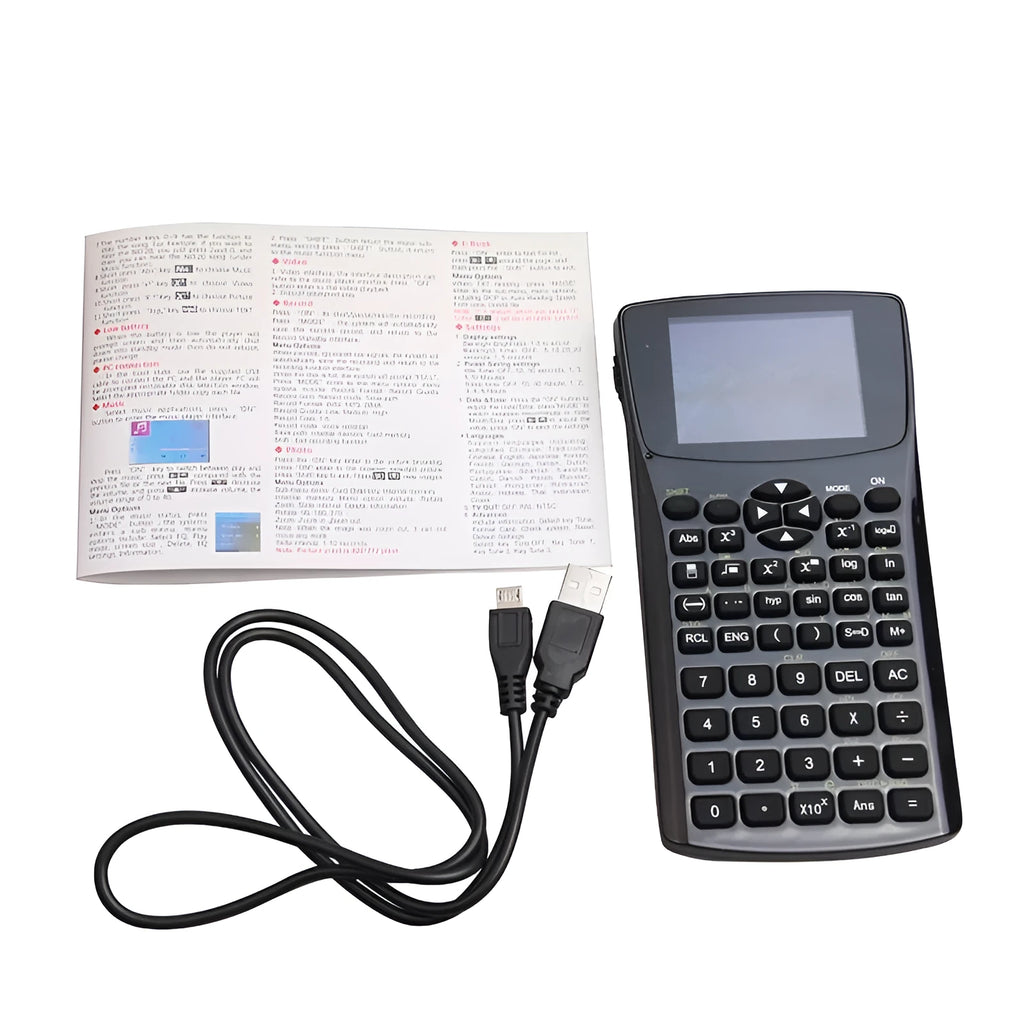 Black multifunctional e-book reader with 2.8cm screen showing multiple language options and media functions
