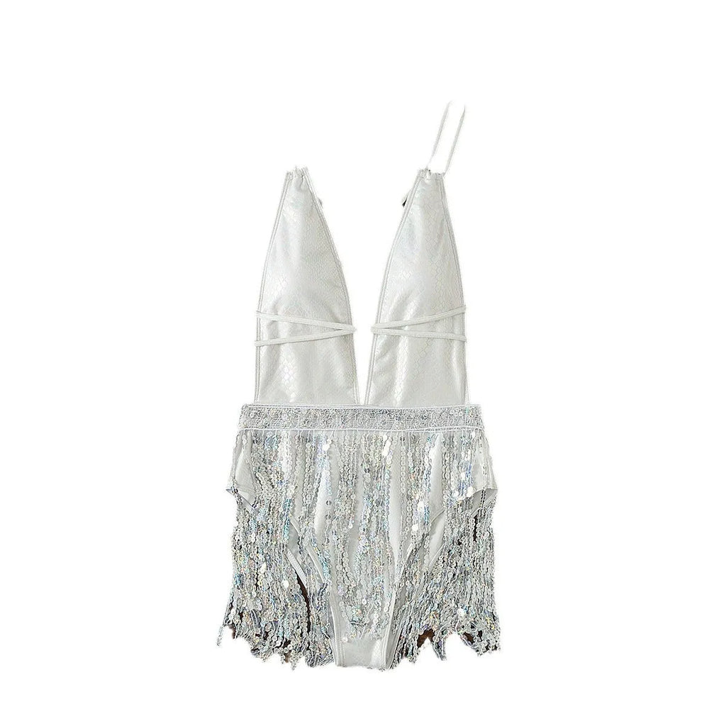 White deep V neck one-piece swimsuit with tassel detail and sleeveless design