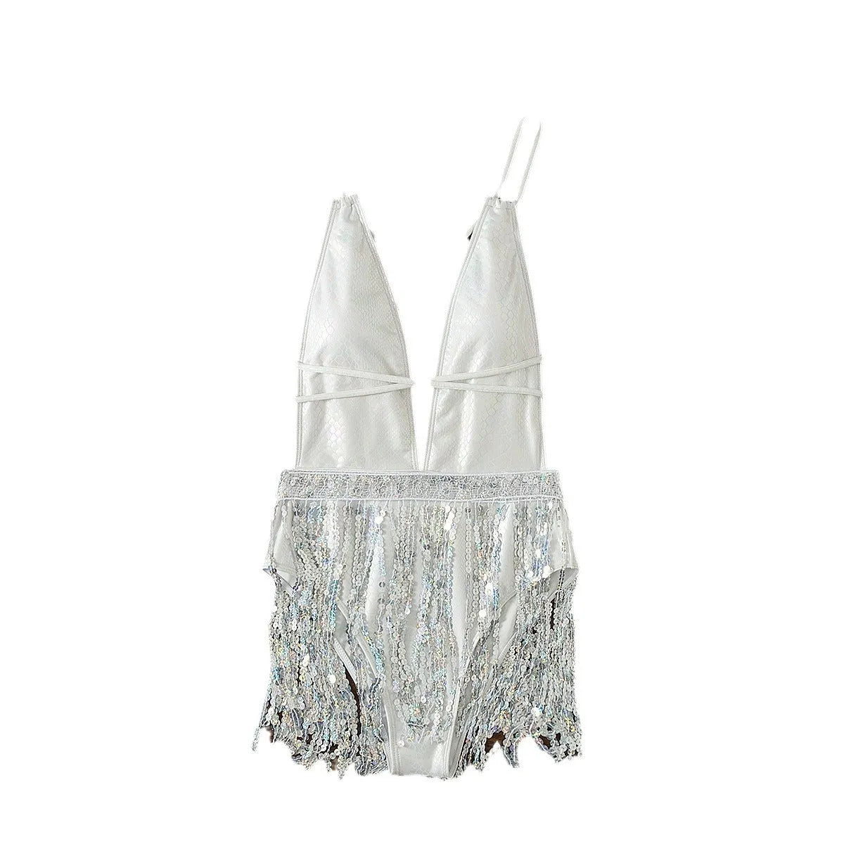 White deep V neck one-piece swimsuit with tassel detail and sleeveless design