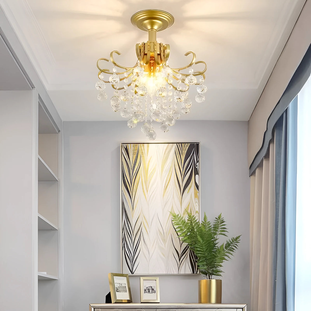 Gold glass chandelier with iron body, 33cm diameter, 40cm height, adjustable 0.5m drop, LED ceiling light
