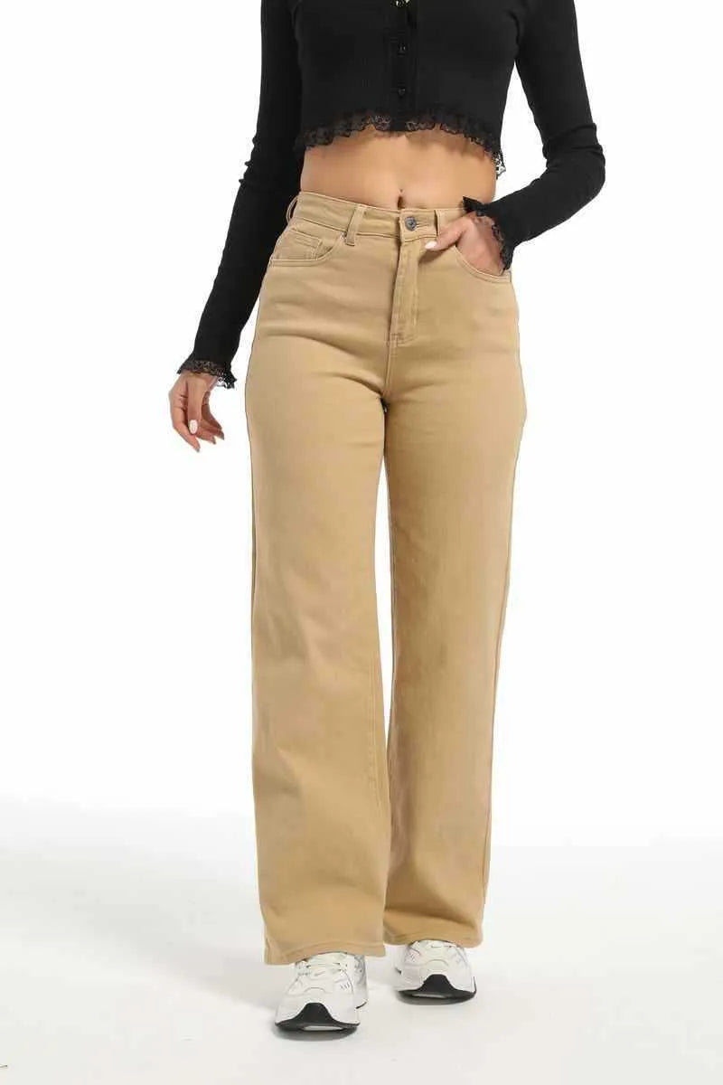 Women's apricot high-waist wide-leg straight jeans made from cotton.