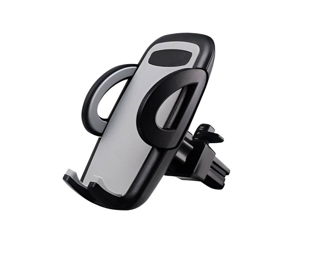 Universal black plastic car air vent mobile phone holder mounted on a car dashboard.