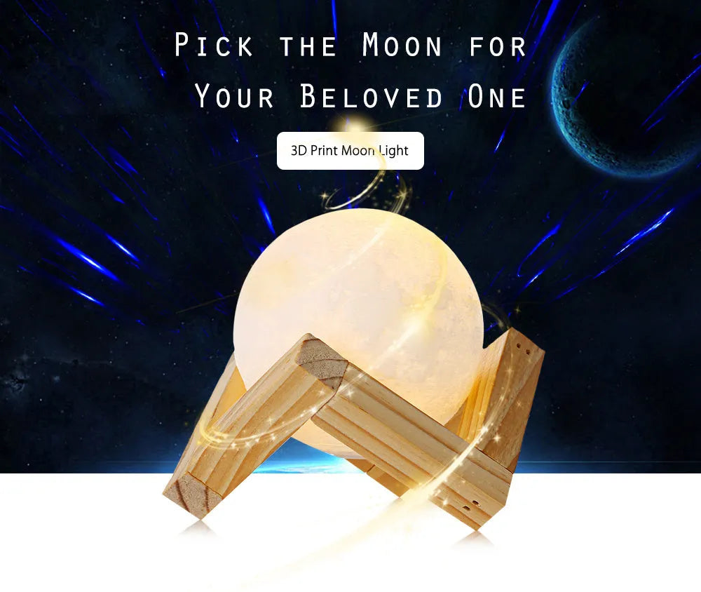 3D printed white moon lamp with detailed craters on a wooden stand, showing touch ring at base