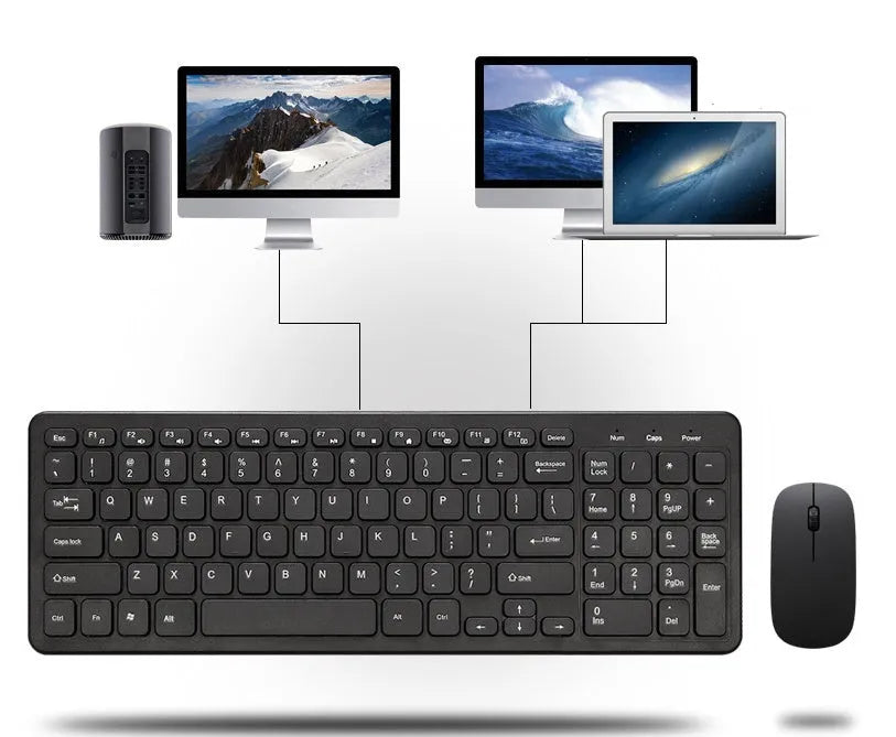 Wireless keyboard and mouse set showing black keyboard with chocolate keycaps and matching mouse with DPI button