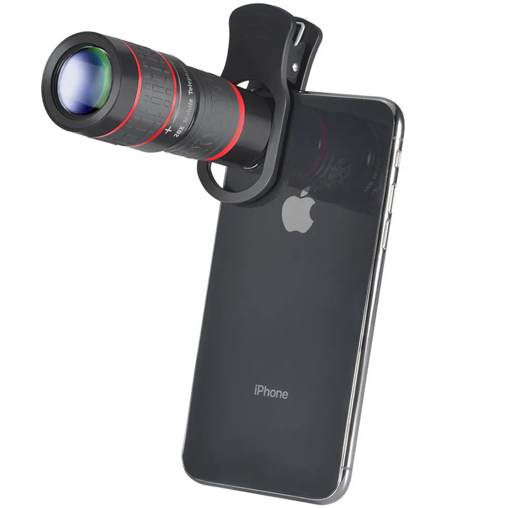 20x magnification mobile phone telescope lens with universal mounting clip on a smartphone