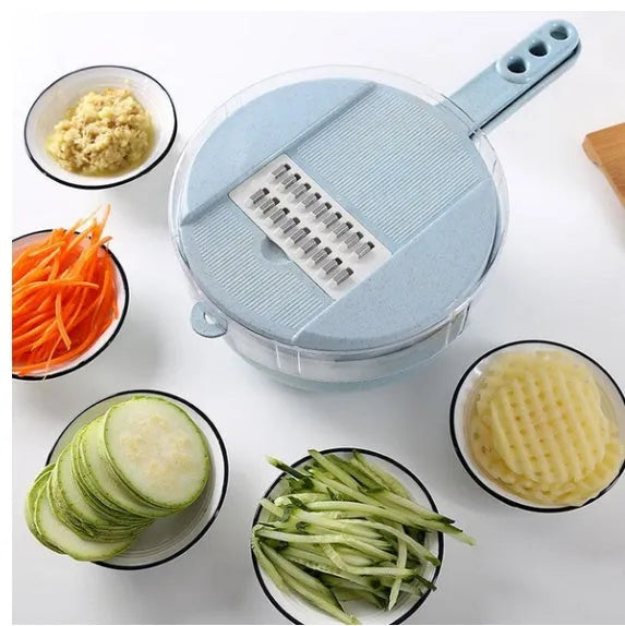 8 in 1 mandoline slicer with stainless steel blades, drain basket, container, and hand protector, blue or pink
