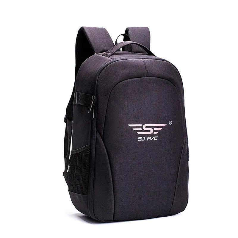 Black Oxford cloth drone backpack with 52cm × 34cm × 23cm dimensions showing multiple internal compartments