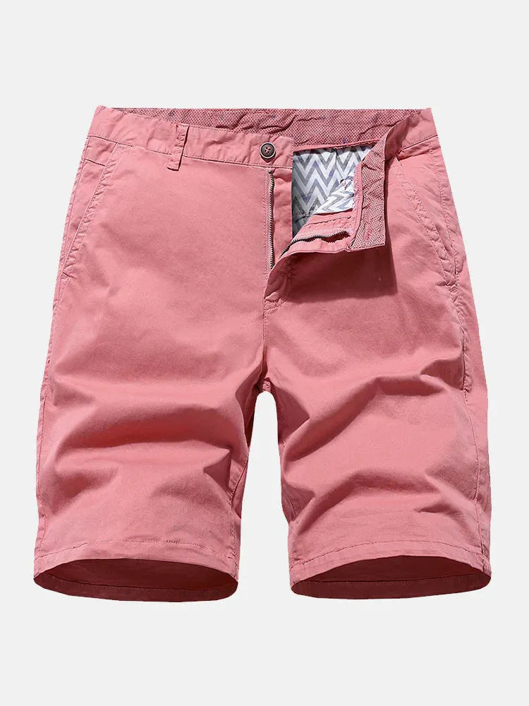 Men's blue printed denim shorts with a loose, casual straight fit on a hanger