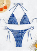 Women's split bikini swimsuit with bandage stitching detail in polyester fabric