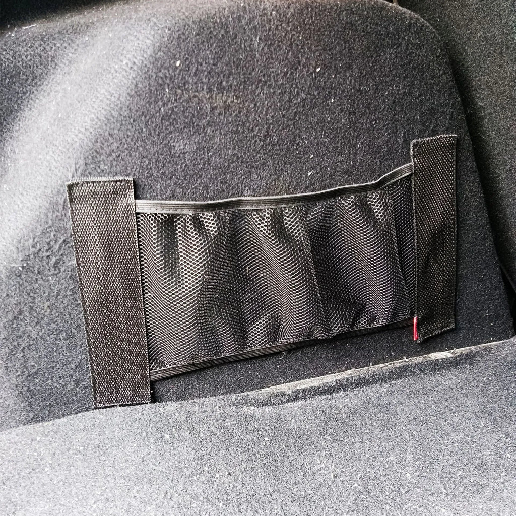 Stretchy polyester car boot storage net with hook and loop fasteners, shown in 20x45cm size.