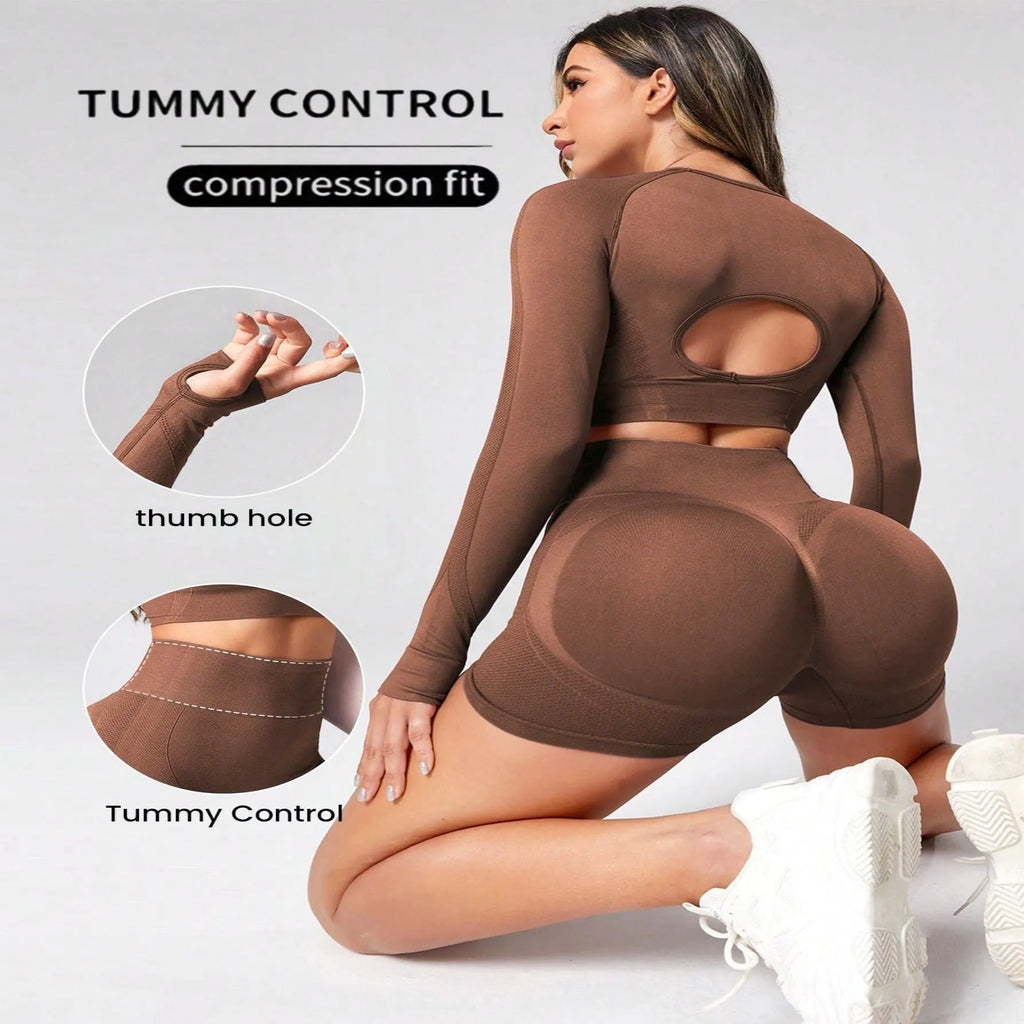 Women's black high waist yoga suit with long sleeve top and quick-drying pants