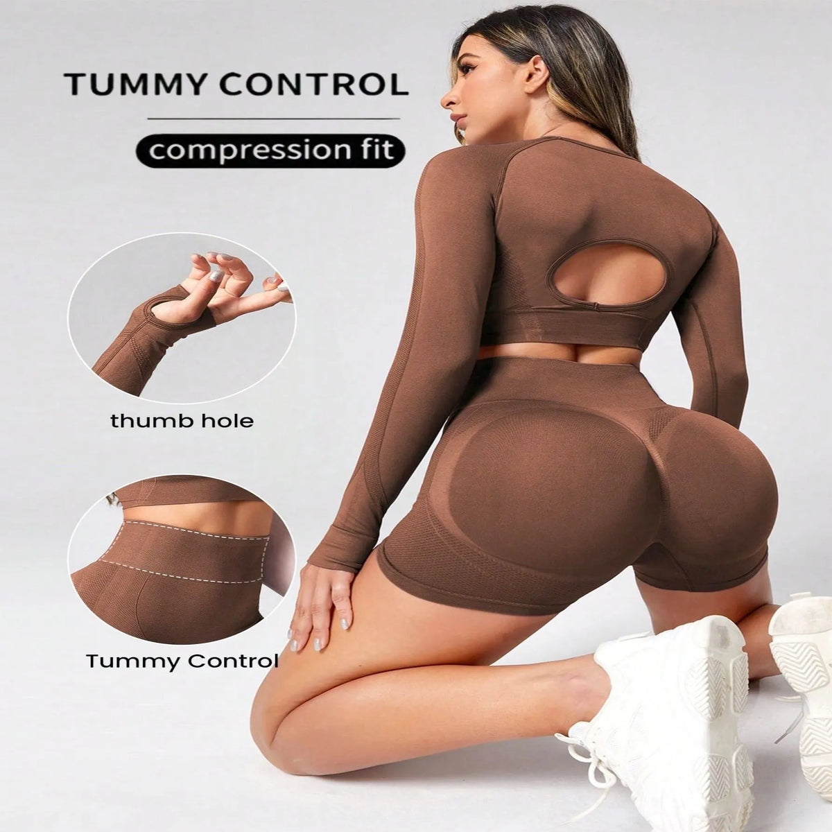 Women's black high waist yoga suit with long sleeve top and quick-drying pants