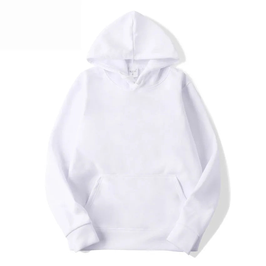 A white unisex cotton blend pullover hoodie with a hood and long sleeves on a hanger.