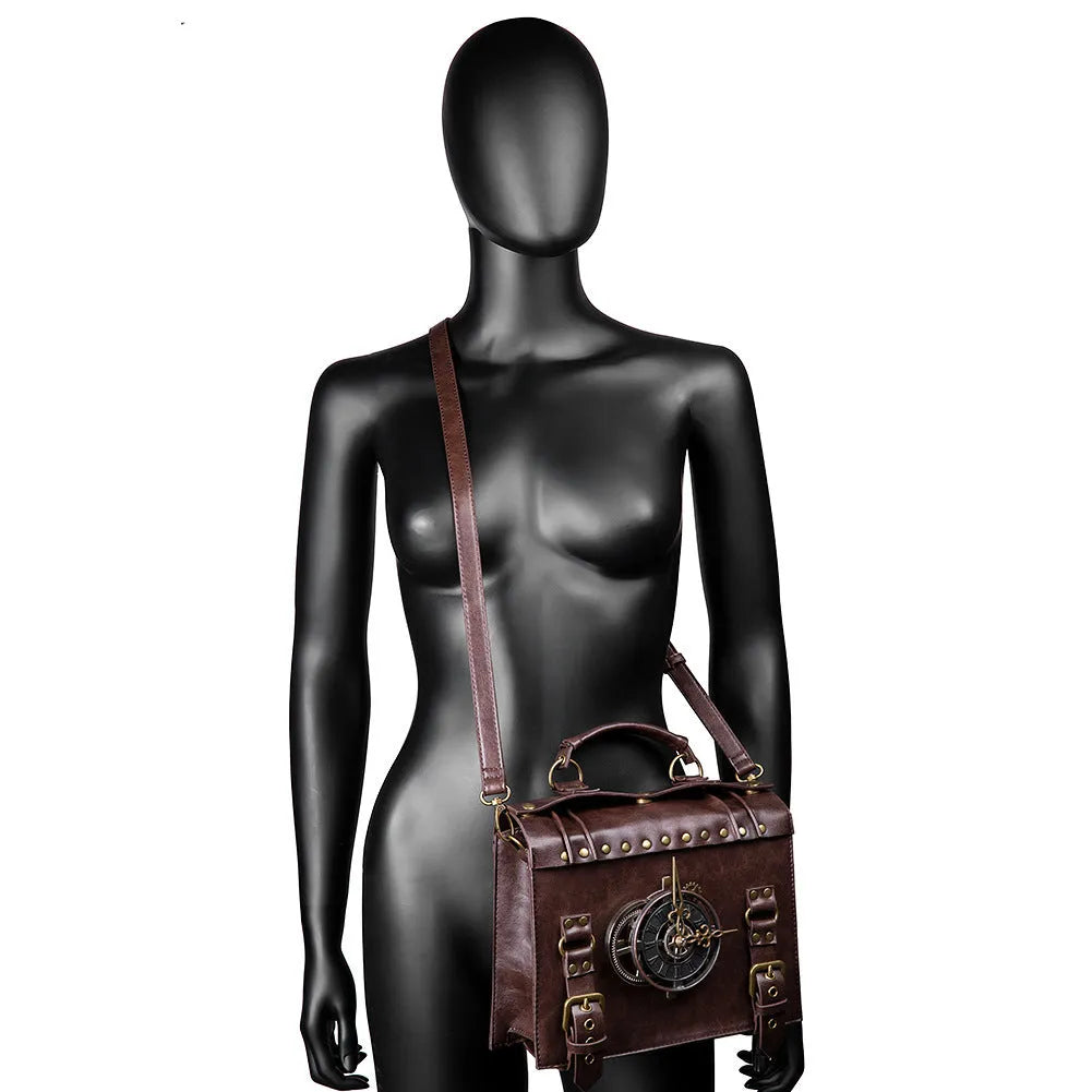 Bronze steampunk pillow shoulder bag with metal hardware on a structured square PU body.