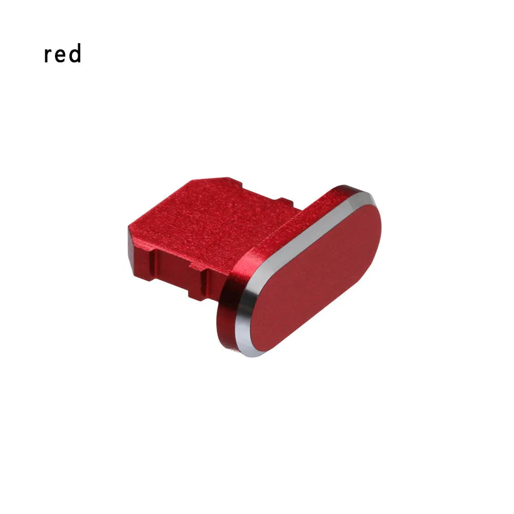 Aluminium alloy iPhone charging port dust plug shown in gold, silver, blue, red, grey, black, rose gold, and rose colours.