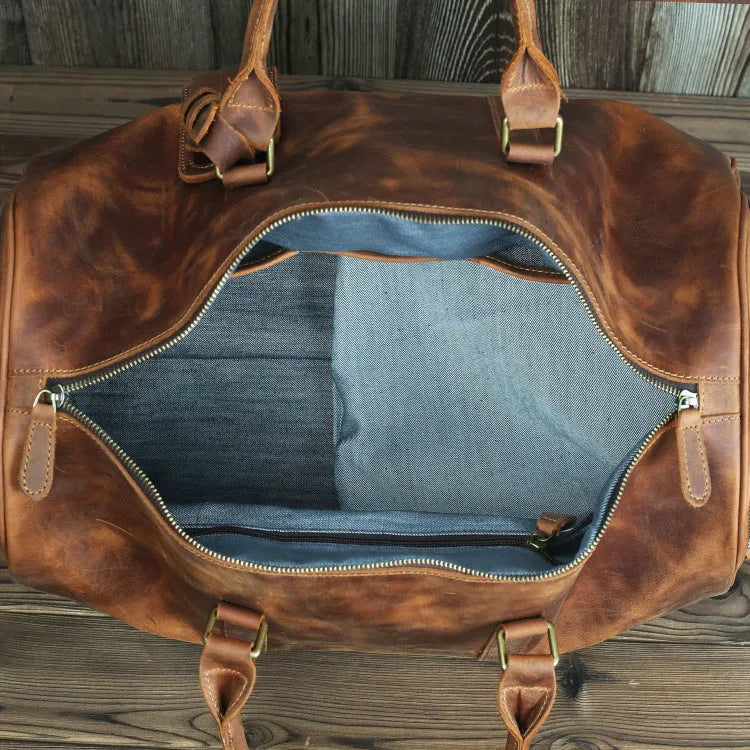 Horse leather men's travel bag in brown crazy horse cowhide finish, 50cm long