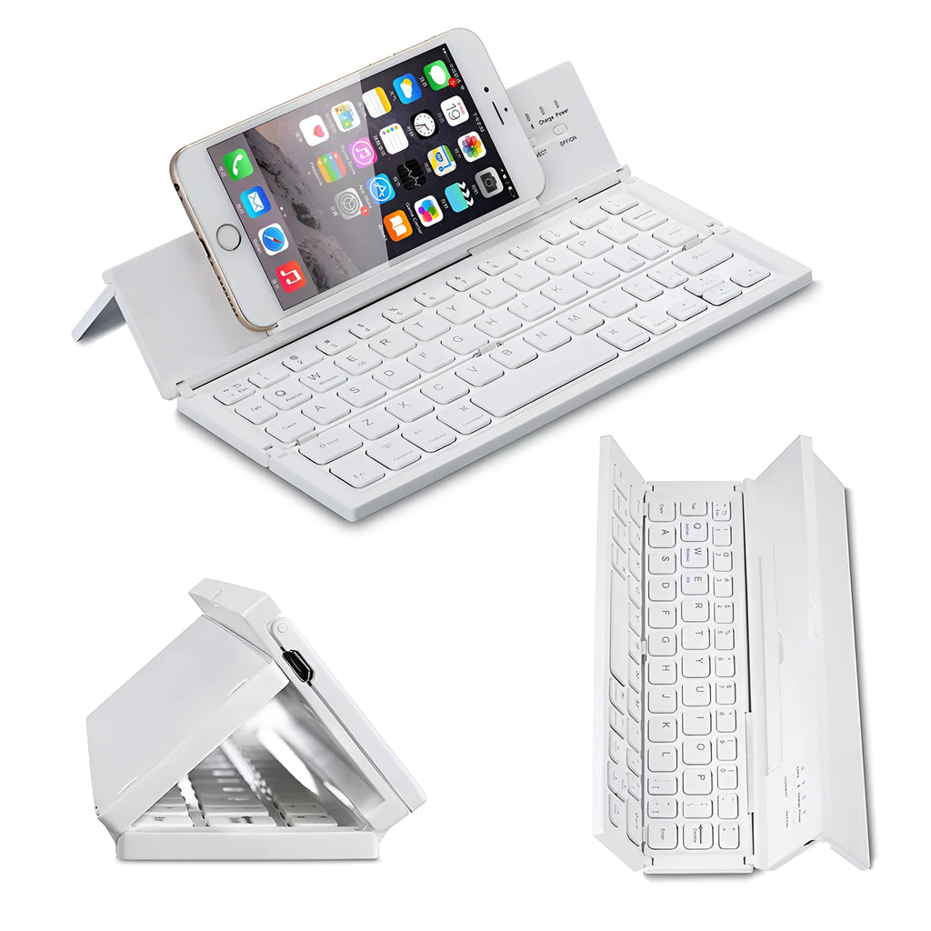 Black foldable Bluetooth keyboard for tablets with aluminium bottom and wrist support