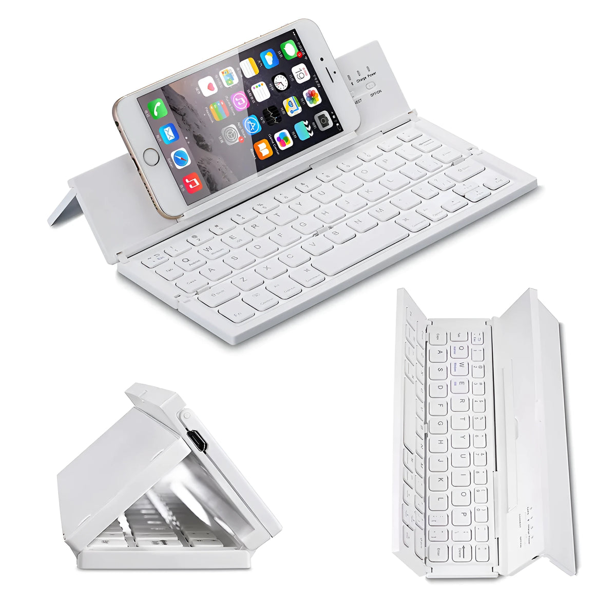 Black foldable Bluetooth keyboard for tablets with aluminium bottom and wrist support