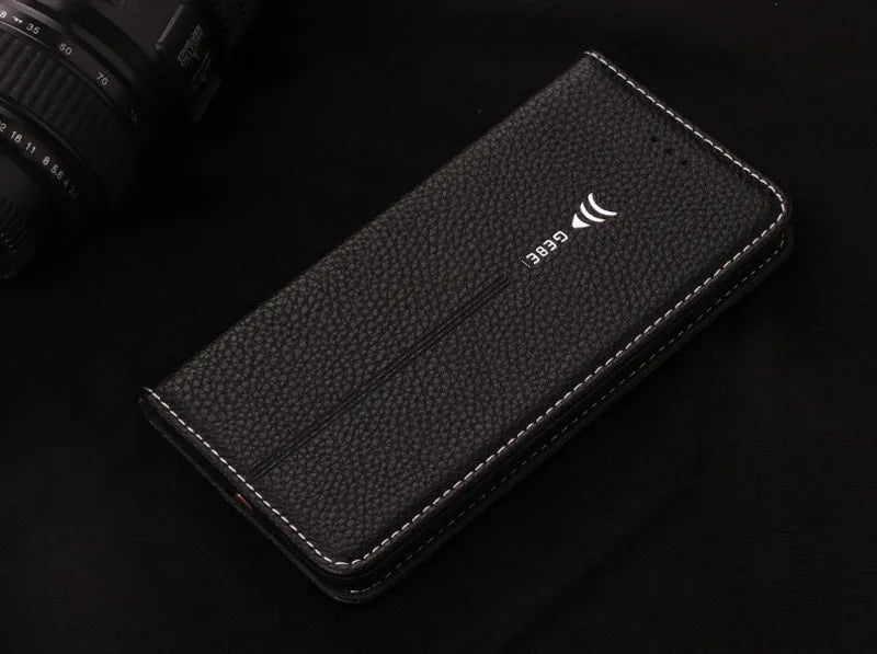 PU leather wallet phone case for iPhone showing card slots and cash compartment in khaki colour