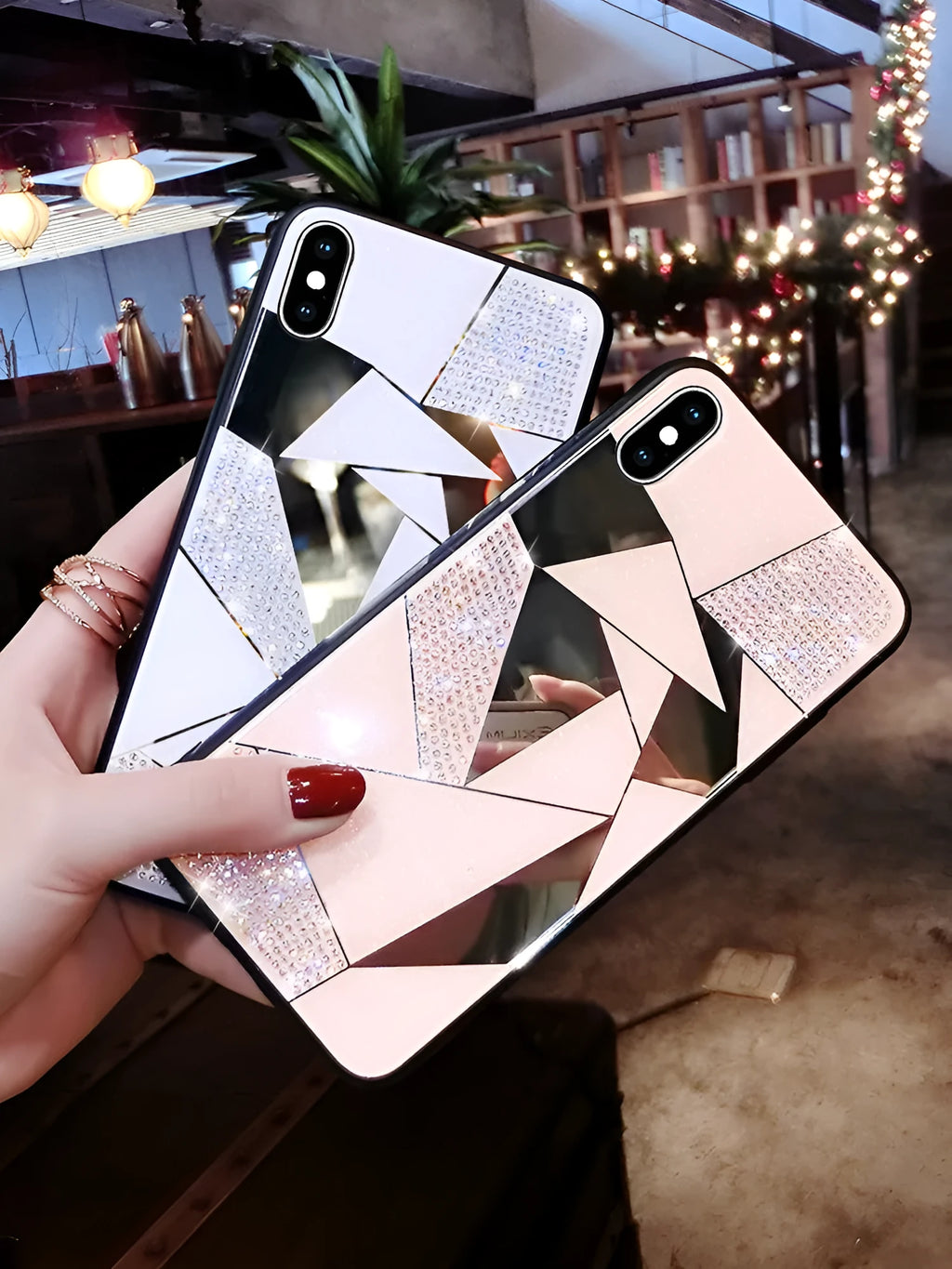 Gold rhinestone diamond mirror silicone back cover case for Apple iPhone showing reflective finish