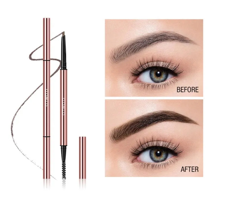 Slim square eyebrow makeup pencil in a colour box with six shade options: Auburn, Blonde, Caramel, Dark Brown, Soft Brown, Taupe.