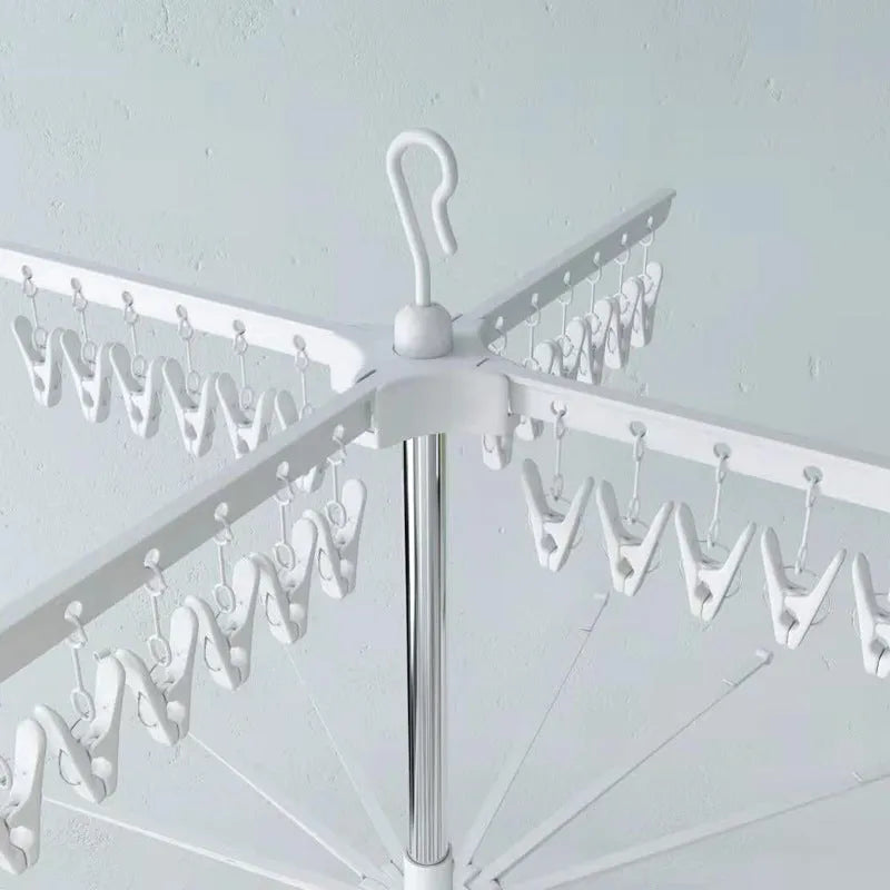 Stainless steel three-layer mobile drying rack with plastic clips for socks and clothes hanger