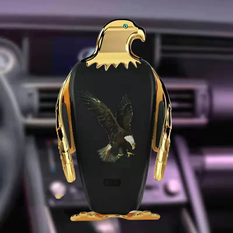 Eagle style car phone holder with wireless charging base and snap-on suction cup mount.