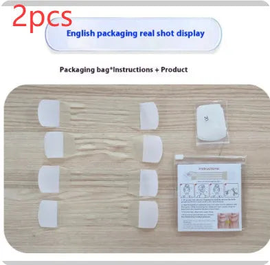 Skin tone neck firming adhesive patches and V27 pattern sling laid out on table