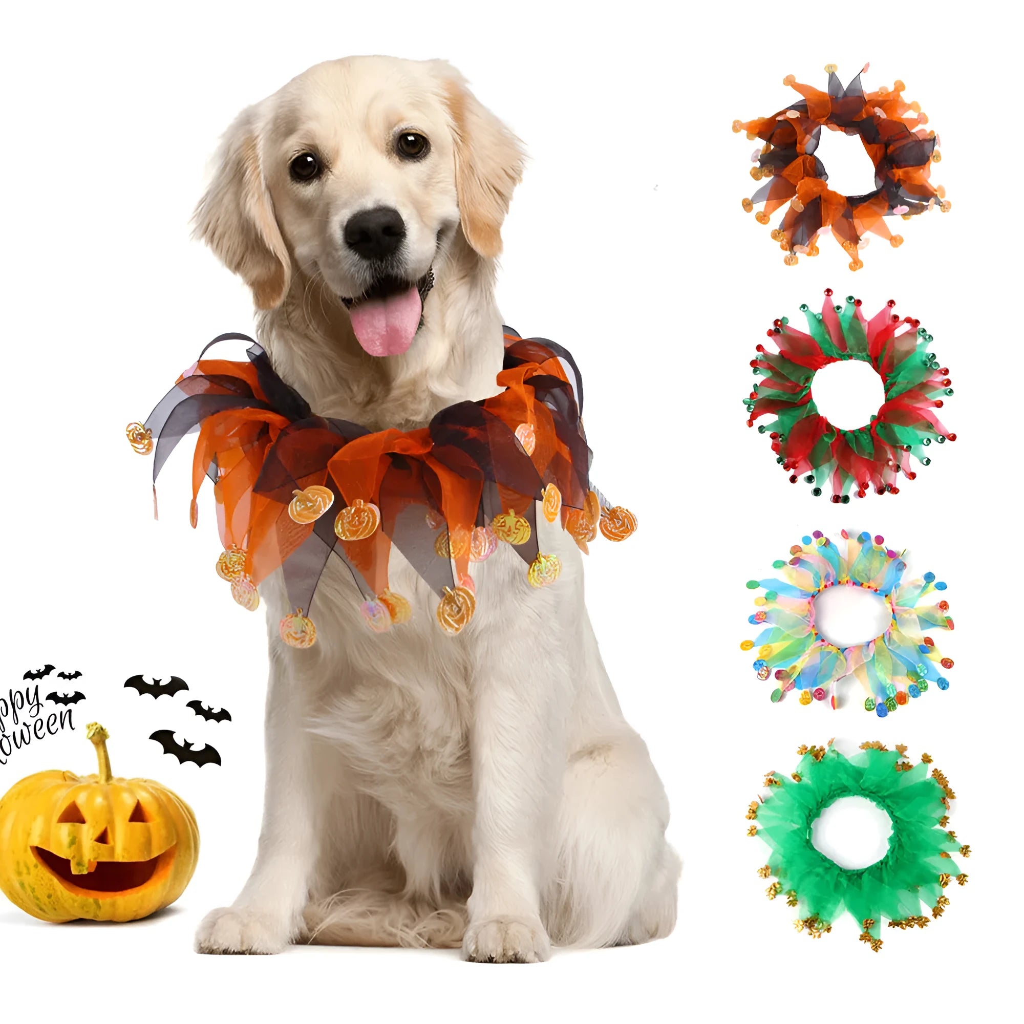 Tie-dyed fabric dog collar in green, blue, Halloween, or Christmas style patterns