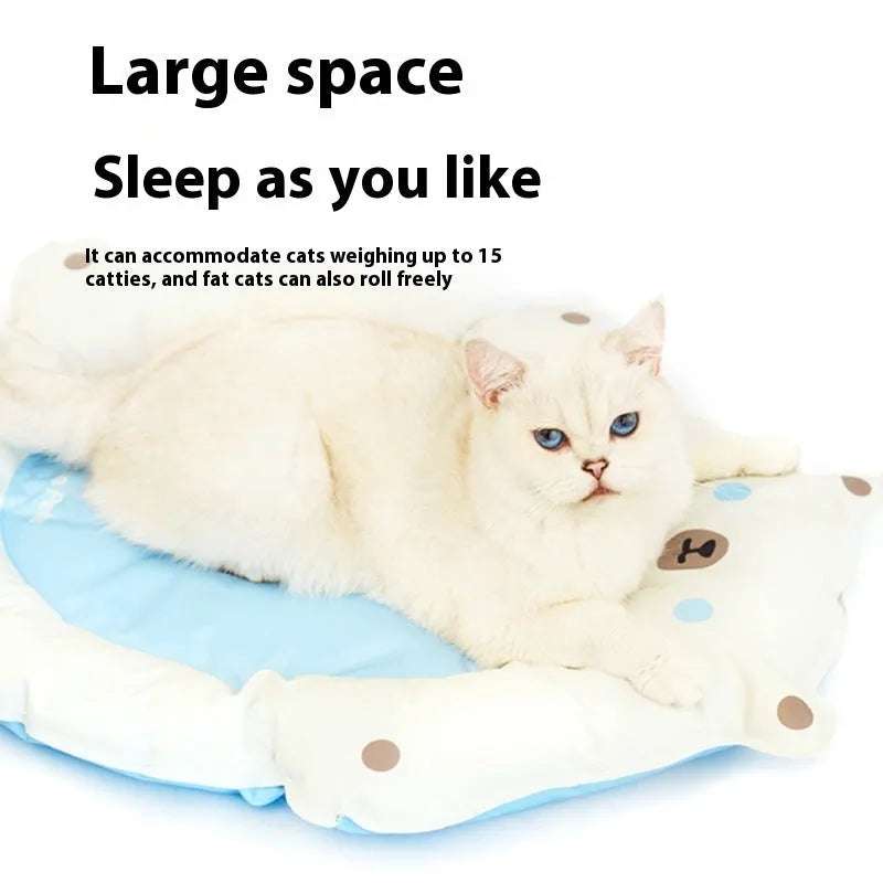 Plastic cat cooling mat 62x50x8cm in blue, used as a pet bed on a wire cage floor