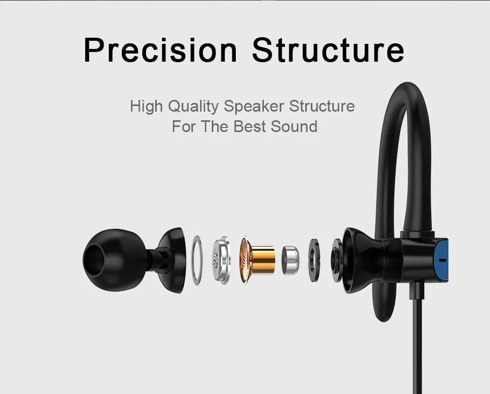 Sport running earbuds with black and blue ear hook design and silicone tips