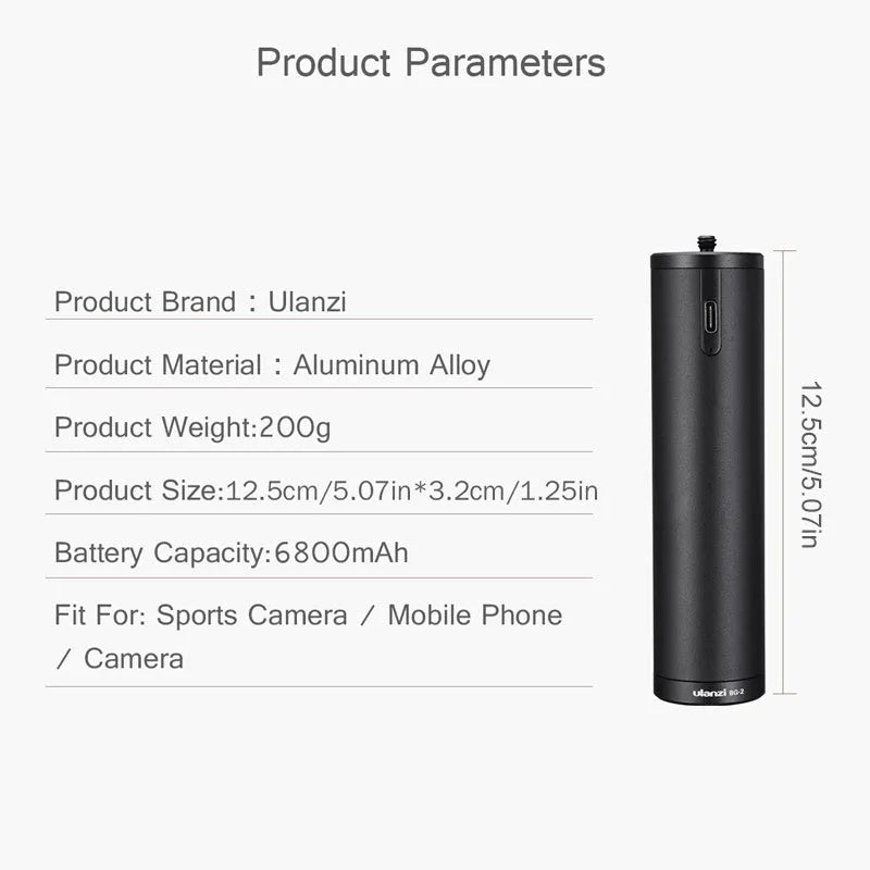 Black aluminium alloy portable charging handle with 6800mAh battery capacity, showing carry handle and compact 12.5cm by 3.2cm size.