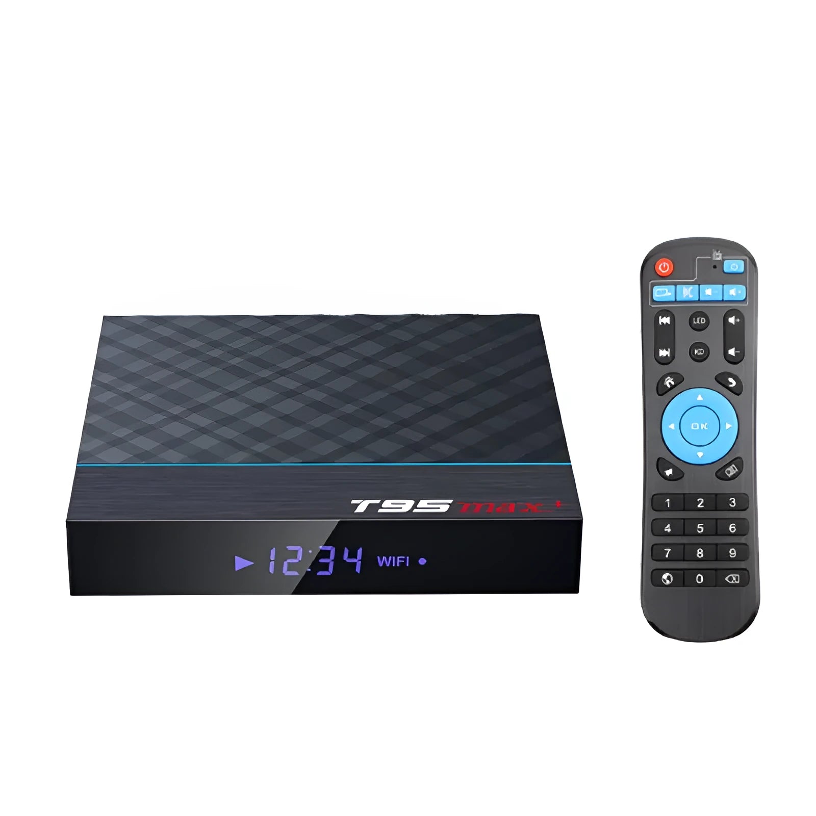 Black T95 Max Plus Android TV box with remote control, showing UK power plug