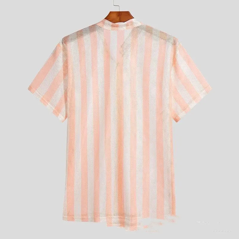 Pink men's waffle knit cardigan shirt with short sleeves and loose fit design