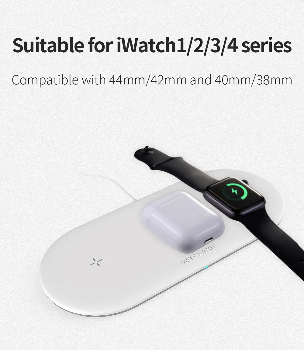 White three-in-one wireless charging station for Apple iPhone, iWatch, and earbuds on a desk.