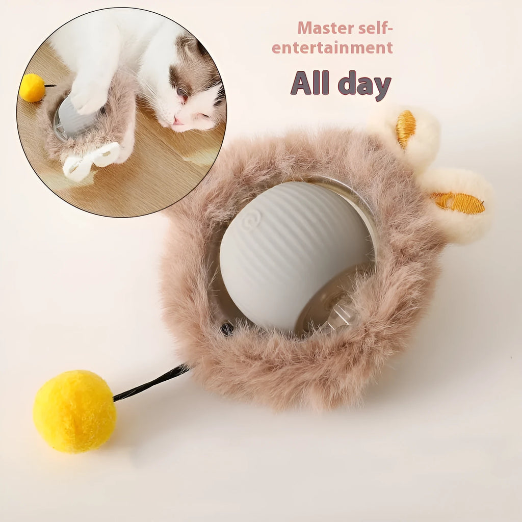 Self-hi funny cat rolling ball toy in silicone, shown in red, green, and grey colour options with optional rope attachment.