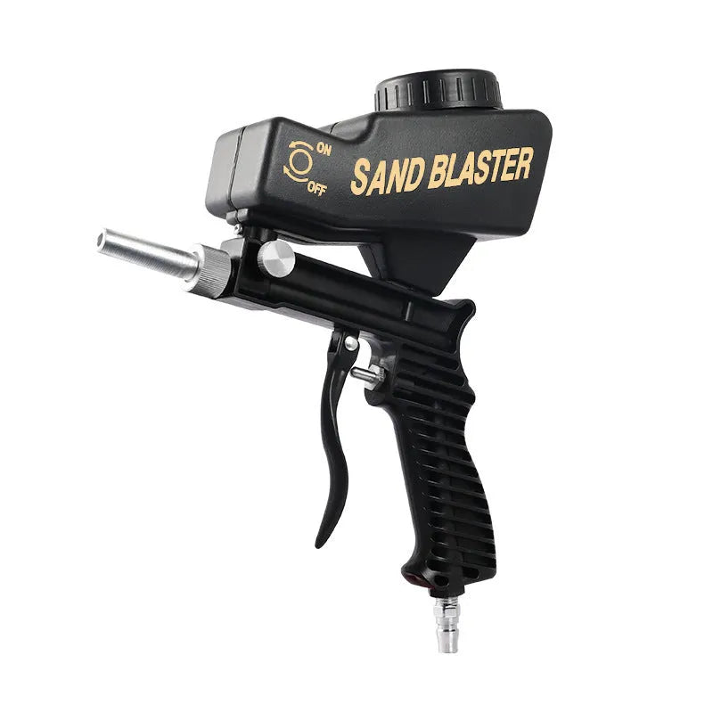 Portable black pneumatic sandblasting gun with gravity feed tank for rust removal and descaling work.