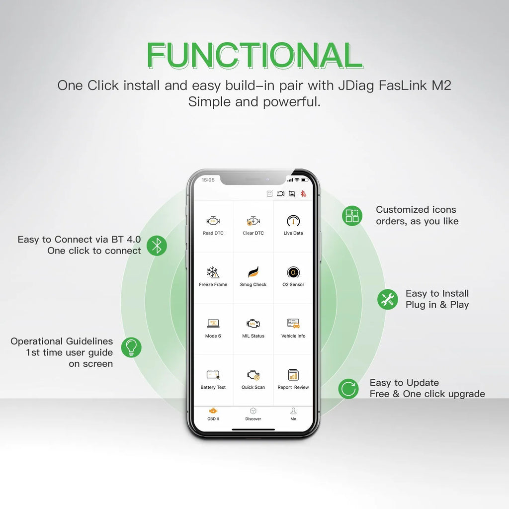 FasLink M2 OBD2 Bluetooth scanner with 16-pin port and non-slip shell for iPhone and Android