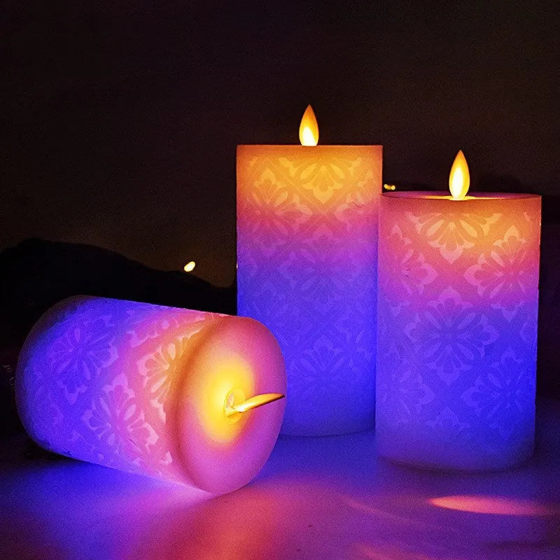 LED hollow pattern paraffin electronic candle cylindrical shape 8x10cm battery operated remote control