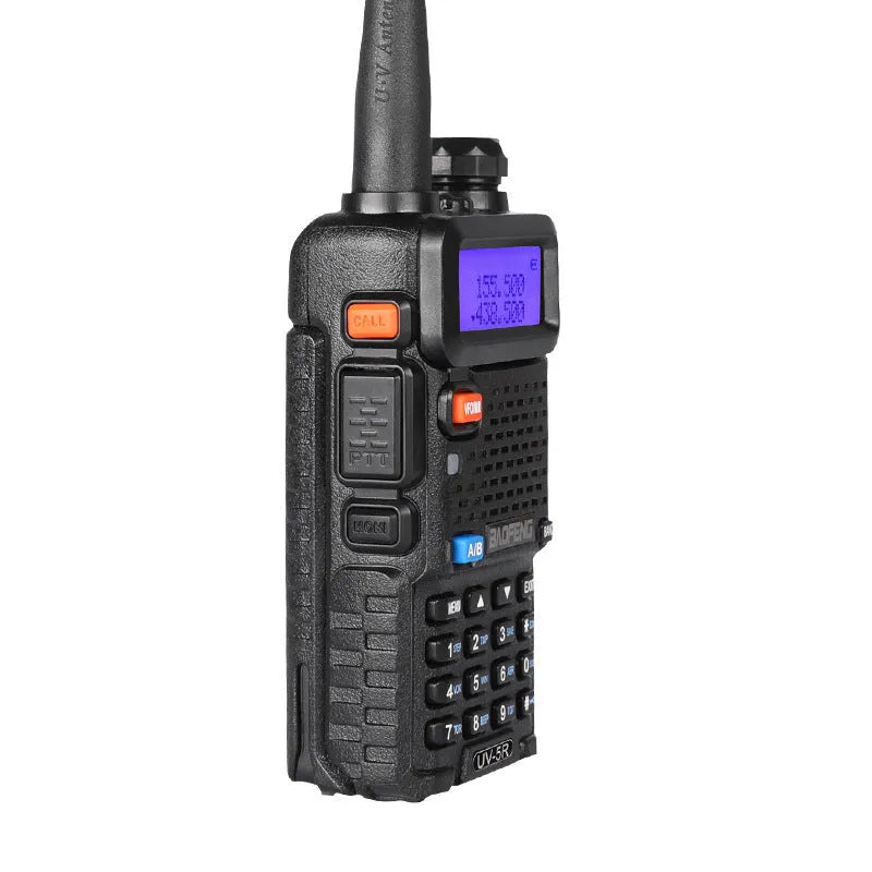 Professional dual-band walkie talkie with antenna showing dimensions 110x58x32mm