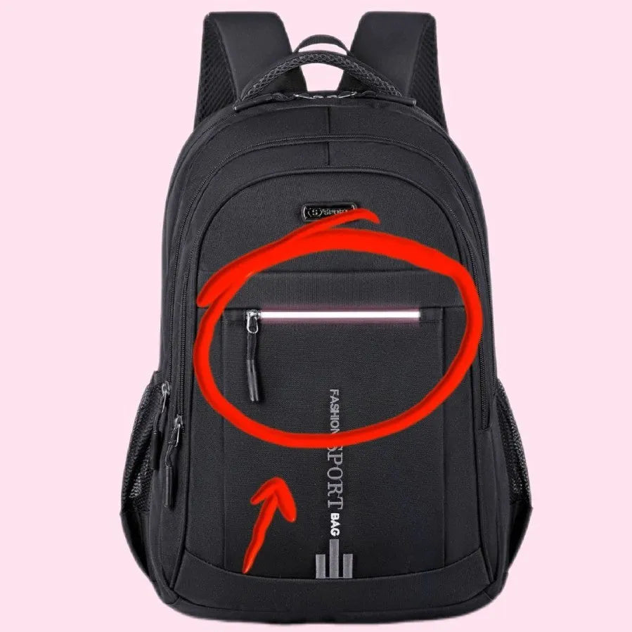 Oxford cloth business backpack with airpillow straps showing 20-35L capacity and sewing line detailing