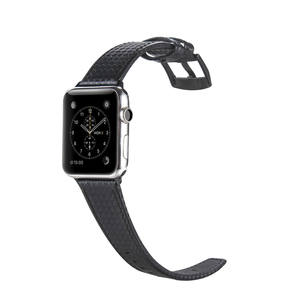 Carbon fibre and leather Apple Watch band with PC hard case in black, blue, orange, and red colour options