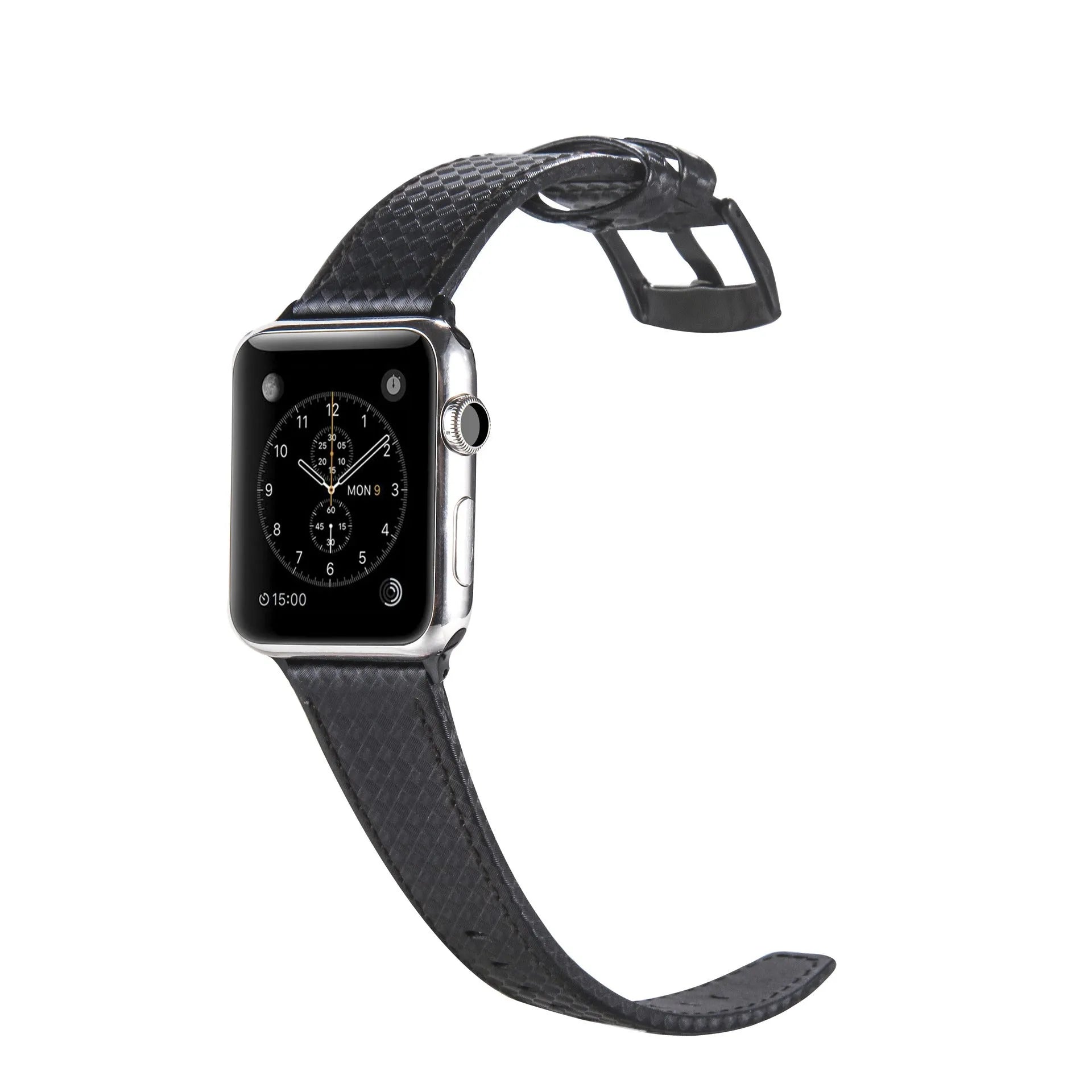 Carbon fibre and leather Apple Watch band with PC hard case in black, blue, orange, and red colour options