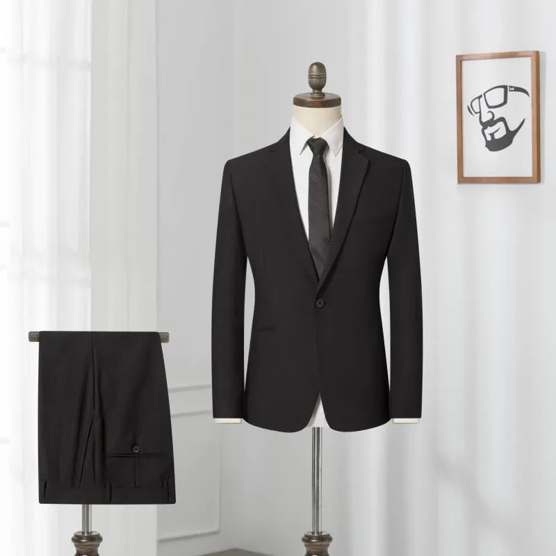 Men's slim fit black single-breasted business suit jacket with flat collar and back slit