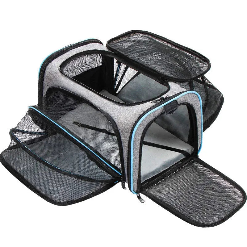 Cat carrier bag in black or grey with colour piping, made from 600D cation fabric