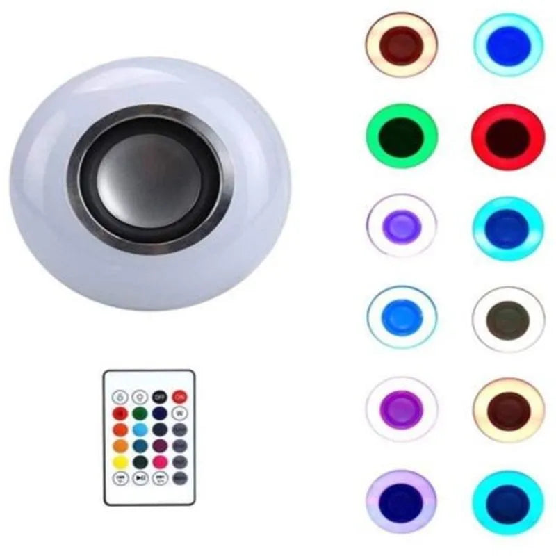 White Bluetooth speaker LED light bulb with E27 base showing multi-colour lighting options